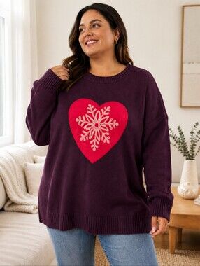 In Every Story Plus Size Purple Heart Snowflake Cozy Holiday Knit Women Sweater